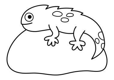 Siyah ve beyaz kertenkele kayanın üzerinde yatıyor. Beyaz arka planda izole edilmiş komik hayvan çizimi. Çizgi sürüngen ikonu. Çocuk için egzotik tropikal bukalemun tırpanı ya da boyama sayfası