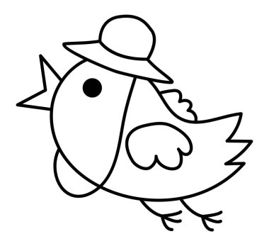 Şapka ikonunda uçan siyah beyaz bir kuş. Çizgi film arkeolog hayvan klipsi. Tarihsel dinozor kazısı ya da kazı bilim adamı, kaşif çizgisi çizimi. Çocuk için sevimli boyama sayfası