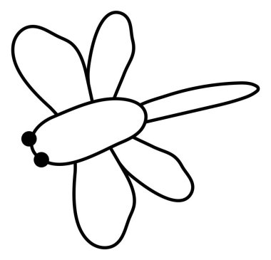 Siyah ve beyaz vektör uçan yusufçuk ikonu. Çizgi film bahçesi ya da vahşi böcekler. Komik soyut hata çizgisi çizimi. Çocuk için şirin sinek boyama sayfası