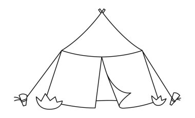 Vektör siyah beyaz kamp, arkeolog ya da paleontolog çadırı. Orman çadırı simgesi beyaz arkaplanda izole edildi. Doğa seyahat ekipmanları. Tepe örtüsü çizgisi çizimi veya renklendirme bezi