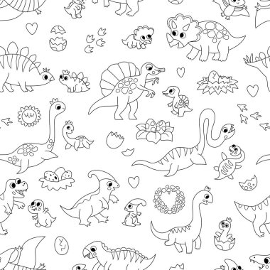 Siyah ve beyaz dinazor anneler ve bebekler kusursuz. Tarih öncesi hayvanlar arka planda tekrar ediyor. Dino anne ve çocuk dijital kağıt ya da boyama sayfası. Sevimli Anneler Günü metni.