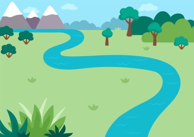 Vektör boş doğa manzarası çizimi. Çayırı, ormanı, bitkileri olan hoş düz bir manzara. Açık hava uçağı ya da yeşillikli temizlik sahnesi. Dağlı çocuklar için dinazor geçmişi, rive