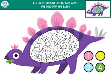 Dinozor rengini Stegosaurus ve midesinde yiyecek olan sayılarla temsil ediyor. Tarih öncesi siyah beyaz sayma ya da boyama oyunu. Antik animası olan çocuklar için basit renklendirme sayfası
