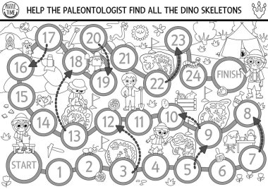 Paleontologlarla dinazor siyah-beyaz zar oyunu, peyzaj kazmak. Arkeolog çocuklarla, fosillerle, kemiklerle tarih öncesi tahta oyunları. Dino arazisi yazdırılabilir etkinlik, renklendirici pag