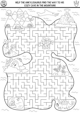 Çocuklar için siyah-beyaz bir dinozor labirenti. Eski dünya manzaralı boyama sayfası. Tarih öncesi baskılanabilir aktivite. Dinozor diyarı geometrik labirent oyunu, yapboz. Ankylosaur 'a yardım et.