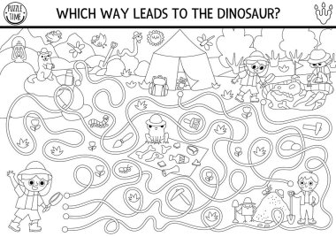 Dinozor siyah beyaz labirent. Şirin paleontologlarla boyama sayfası. Kazı yapan çocuklarla tarih öncesi basılabilir aktivite. Dinozor kara labirenti. Arkeologlarla, fosillerle, kameralarla.