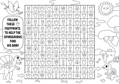 Dinozor siyah ve beyaz labirent, ara ve bul, boyama sayfası. Çocuklar için tarih öncesi basılabilir hat aktivitesi. Mantıklı arama yap-bozu. Bab 'ı bulmak için ayak izlerini takip et.