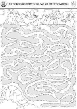 Dinozor siyah-beyaz labirenti antik dünya manzarası olan çocuklar için. Tarih öncesi baskılanabilir aktivite. Dino arazisi labirent oyunu, bulmaca, boyama sayfası. Pterosaur 'un volkan patlamasından kaçmasına yardım et.
