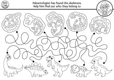 Dinozor siyah-beyaz labirenti hayvanları ve iskeletleri olan çocuklar için. Tarih öncesi basılabilir çizgi aktivitesi. Dino arazisi labirent oyunu, bulmaca, paleontologla boyama sayfası, T-rex, stegosau