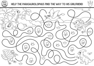 Dinozor siyah-beyaz labirenti antik dünya manzarası olan çocuklar için. Tarih öncesi baskılanabilir aktivite. Dino arazisi labirent oyunu, bulmaca, boyama sayfası. Parasaurolophus 'un kız arkadaşına ulaşmasına yardım et.