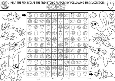 Deniz dinozoru, yumurtalı, yapraklı siyah beyaz labirent. Tarih öncesi yazdırılabilir aktivite, boyama sayfası. Çocuklar için. Elementlerin peş peşe dizildiği mantıklı bir bulmaca. Balıkların kaçmasına yardım et