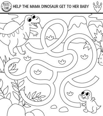 Eski dünya manzarası olan çocuklar için siyah beyaz dinozor labirenti. Tarih öncesi basılabilir kare faaliyeti. Dino arazisi labirent oyunu, bulmaca, boyama sayfası. T-rex 'in bebeğine ulaşmasına yardım et.