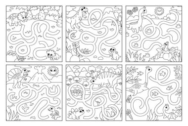 Siyah ve beyaz dinozor labirenti antik dünya manzarası olan çocuklar için. Tarih öncesi basılabilir kare faaliyeti. Antik kara labirenti oyunu, boyama sayfası, bulmaca koleksiyonu