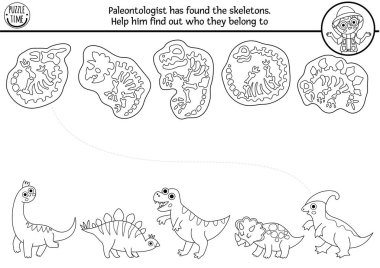 Dinozor siyah-beyaz, sevimli hayvanlarla ve onların iskeletleriyle eşleşen aktiviteler. T-rex ile tarih öncesi çizgi bulmacası, Stegosaur. Kemik oyunuyla eşleştir. Dino yazdırılabilir çalışma tablosu, renklendirici pag