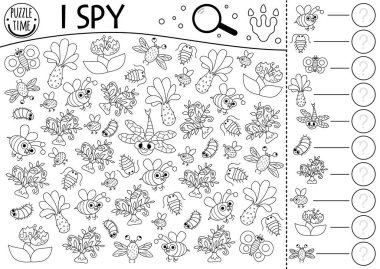 Dinosaur black and white I spy game for kids. Searching and counting line activity with ancient insects. Prehistoric printable worksheet, coloring page. Simple dino spotting puzzle with bee, centiped clipart