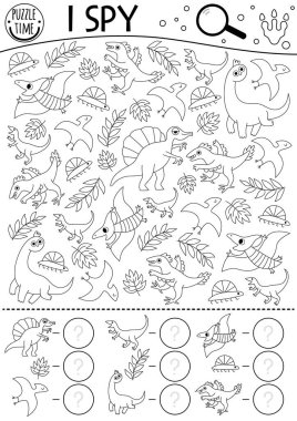Dinozor siyah beyaz çocuklar için casusluk oyunu. Brachiosaur, Pterosaur ve Velociraptor ile arama ve sayma çizgisi etkinliği. Tarih öncesi basılabilir çalışma kâğıdı, boyama sayfası. Dinozor bulmacası!