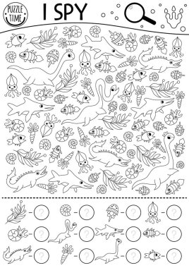 Dinozor siyah beyaz çocuklar için casusluk oyunu. Plesiosaur, balık ve mozaikle arama ve sayma çizgisi aktivitesi. Tarih öncesi basılabilir çalışma kâğıdı, boyama sayfası. Su dinozorları bulmaca çözüyor!