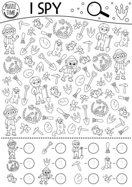 Dinozor siyah beyaz çocuklar için casusluk oyunu. Paleontologlar, kemikler ve iskeletle arama ve sayma çizgisi aktivitesi. Tarih öncesi basılabilir çalışma kâğıdı, boyama sayfası. Basit bir dino bölgesi bulmacası.