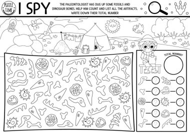 Dinosaur black and white I spy game. Searching and counting line activity with paleontologists, bones, fossils. Prehistoric printable worksheet, coloring page. Spotting puzzle with dig camp landscap clipart