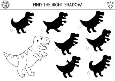 Dinozor siyah ve beyaz gölgesi antik hayvanlarla eşleşiyor. Tyrannosaur ile tarih öncesi çizgi bulmacası. T-re ile çocuklar için doğru siluet yazdırılabilir çalışma kağıdı, oyun, boyama sayfası bul