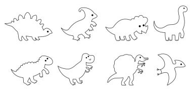 Vektör dinozor hatları ayarlandı. Sevimli tarih öncesi hayvan ikonları koleksiyonu. Pterodactyl, Stegosaurus, Tyrannosaurus, Triceratops, çocuk için T-Rex çizgileri