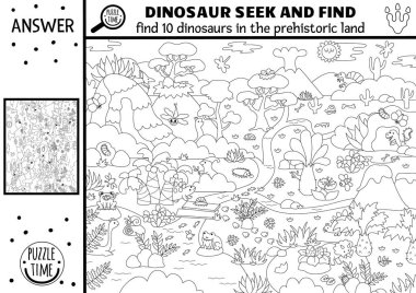 Tarih öncesi manzaralı siyah beyaz dinozor arama oyunu. Resimde gizli eşyalar var. Antik dünya çizgisi T-re 'si olan çocuklar için eğitici yazdırılabilir aktivite arar ve bulur.