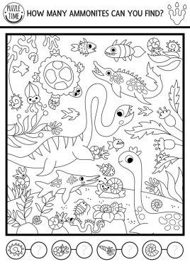 Siyah ve beyaz dinozorların tarih öncesi sualtı manzarasıyla arama ve sayma oyunu. Resimde gizli ammonitler var. Antik dünya çizgisi eğitici aktivite arar ve bulur