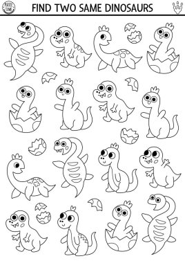 Aynı bebek dinozorları bulun. Tarih öncesi siyah-beyaz eşleşme aktivitesi. Antik hayvanları olan çocuklar için Dino Eğitim Sınav Sınavı. Yazdırılabilir oyun, boyama sayfası küçük T-rex, brachiosau