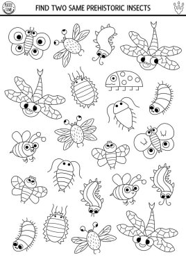 Find two same insects. Prehistoric black and white matching activity. Dinosaur educational line quiz worksheet for kids with ancient bugs. Printable game, coloring page with centipede, be clipart