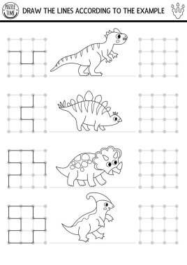 Dinozor siyah-beyaz çizimi, yazı, iz sürme, antik hayvanları olan çocuklar için uzay yönlendirme aktivitesi. Örneklere göre çizgiler çiz. Okul öncesi tarih öncesi oyun, bulmaca, renklendirme pag