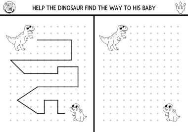 Dinozor siyah-beyaz çizimi, yazı, iz sürme, çocuklar için uzay yönlendirme aktivitesi. Örneklere göre çizgiler çiz. Prechool tarih öncesi yazdırılabilir oyun, T-rex ebeveyni ve bab ile bulmaca