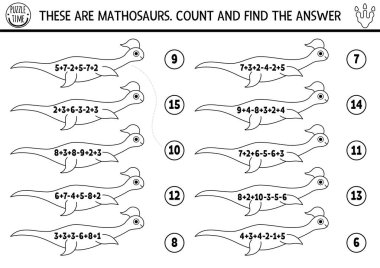 Siyah ve beyaz sayma ve sevimli uzun plesiyozorlarla eşleştirme oyunu. Çocuklar için dinazor hattı matematik toplama ve çıkarma aktivitesi. Tarih öncesi dinozor yazdırılabilir basılabilir çalışma tablosu, renklendirici pag