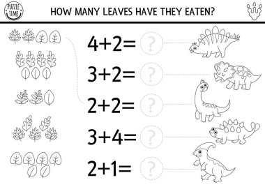 Siyah ve beyaz sayma ve eski hayvanlarla eşleştirme oyunu, yapraklar. Çocuklar için dinazor matematik ek aktivitesi. Ankylosaur ve stegosau ile tarih öncesi basılabilir çalışma tablosu