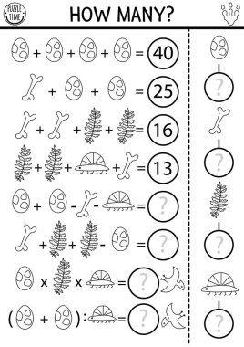 Siyah ve beyaz dinozor kaç oyun, denklem ya da geri dönüş. Okul çocukları için tarih öncesi çizgi matematik aktivite bulmacası. Yazdırılabilir sayım çizelgesi, boyama sayfası Kemikli, yumurtalı, küçük gürültülü çocuklar için