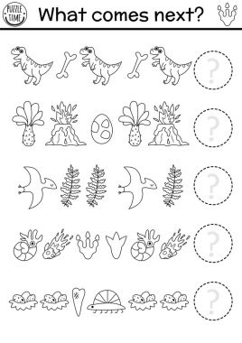 Sırada ne var? T-rex, yumurta, volkan, Pterosaur, göktaşı olan çocuklar için siyah-beyaz dinazor aktivitesi. Tarih öncesi mantık ardılı çalışma tablosu. Dino devam et.