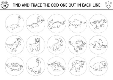 Garip olanı bul. Çocuklar için siyah beyaz dinazor aktivitesi. İlgi çekmek için tarih öncesi eğitim çizelgesi sınavı. Dino arazi yazdırılabilir oyunu, T-re ile renklendirme sayfası