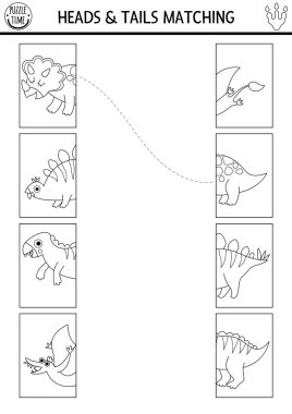 Dinozor siyah ve beyaz bağ çalışma kağıdını yarıya indirir. Tarih öncesi dinozor arazisi eşleştirme oyunu, antik hayvanlarla boyama sayfası. Baş ve kuyruk hareketlerini triceratops, stegosaur ve pterosau ile eşleştir