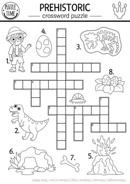 Çocuklar için siyah beyaz dinozor bulmacası. Çocuklar için dinozor hattı testi. Paleontolojist, iskelet, volkan, yumurta, mağara, kemik ile ilgili eğitici aktiviteler. Sevimli tarih öncesi haç wor