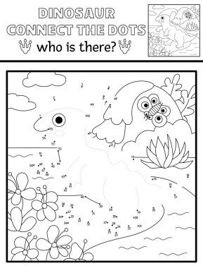 Siyah-beyaz noktadan noktaya vektör ve parasaurolophus ile renk aktivitesi, tarih öncesi sahne. Dinozor noktaları birleştiriyor, boyama sayfası. Eksik olan yazılabilir çalışma alanı