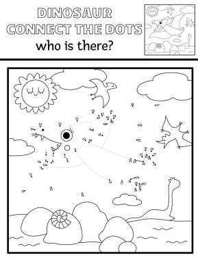 Siyah-beyaz noktadan noktaya vektör ve Pterosaur 'la renk aktivitesi, tarih öncesi sahne. Dinozor noktaları birleştiriyor, boyama sayfası. Eksik olan yazılabilir çalışma alanı
