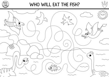 Dinozorlarla birlikte siyah-beyaz el yazısı alıştırması. Tarih öncesi çizgiler basılabilir labirent, labirent veya antik hayvanlar ve yiyeceklerle etkinlik. fis ile renklendirme sayfası takip ediliyor