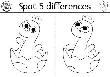 Find differences game for children. Dinosaur black and white educational activity with baby brachiosaur in egg. Line puzzle for kids with little ancient animal. Printable worksheet, coloring pag clipart