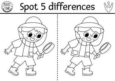 Farklılık oyunu bul. Paleontolog çocukla siyah-beyaz dinazor eğitim aktivitesi, ayna. Arkeologları ya da araştırmacıları olan çocuklar için çizgi bulmacası. Yazdırılabilir çalışma tablosu, renklendirici pag