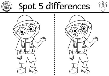 Farklılık oyunu bul. Paleontolog çocuğun el salladığı siyah-beyaz dinazor eğitim aktivitesi. Arkeologları ya da araştırmacıları olan çocuklar için çizgi bulmacası. Yazdırılabilir çalışma tablosu, renklendirici pag