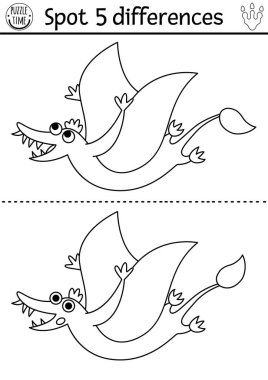 Çocuklar için farklılık oyunu bul. Pterosaur 'la dinazor siyah-beyaz eğitim aktivitesi. Antik hayvanları olan çocuklar için çizgi bulmacası. Yazdırılabilir çalışma tablosu, Pterodacty ile renklendirme sayfası