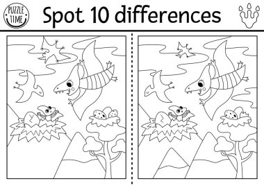 Çocuklar için farklılık oyunu bul. Dinozor siyah-beyaz eğitim aktivitesi Pterosaurus ve tarih öncesi manzara. Pteroductyl 'li çocuklar için çizgi bulmacası. Yazdırılabilir çalışma tablosu, renklendirici pag