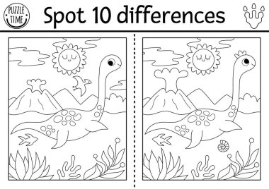 Çocuklar için farklılık oyunu bul. Plesiosaur ve tarih öncesi manzaralı siyah-beyaz dinazor eğitim aktivitesi. Hayvanlı çocuklar için çizgi bulmacası. Yazdırılabilir çalışma tablosu, renklendirici pag