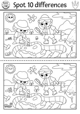 Find differences game for children. Dinosaur black and white educational activity with paleontologists, dig, camp landscape. Line puzzle for kids with archeologists. Printable worksheet, coloring pag clipart