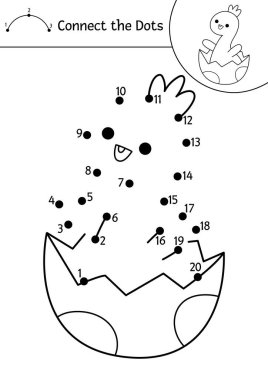 Siyah-beyaz noktadan noktaya vektör ve yumurtadan çıkan küçük brachiosaur 'un renk aktivitesi, yumurta. Dinozor bağlantı noktası oyunu, boyama sayfası. Nokta yazdırılabilir çalışma kağıdına katılın. Tarih öncesi bulmaca