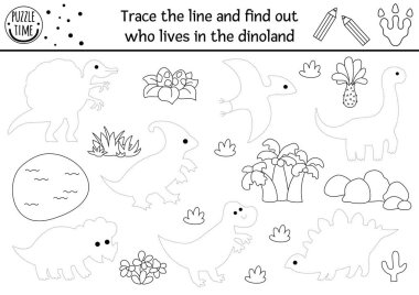 Dinozor diyarında kimin yaşadığını bulmak için noktaları birleştir. Vector dinozor çizimi, tarih öncesi manzarayla ilgili çalışma çizelgesi. Çocuk için yazdırılabilir siyah beyaz etkinlik veya boyama sayfası